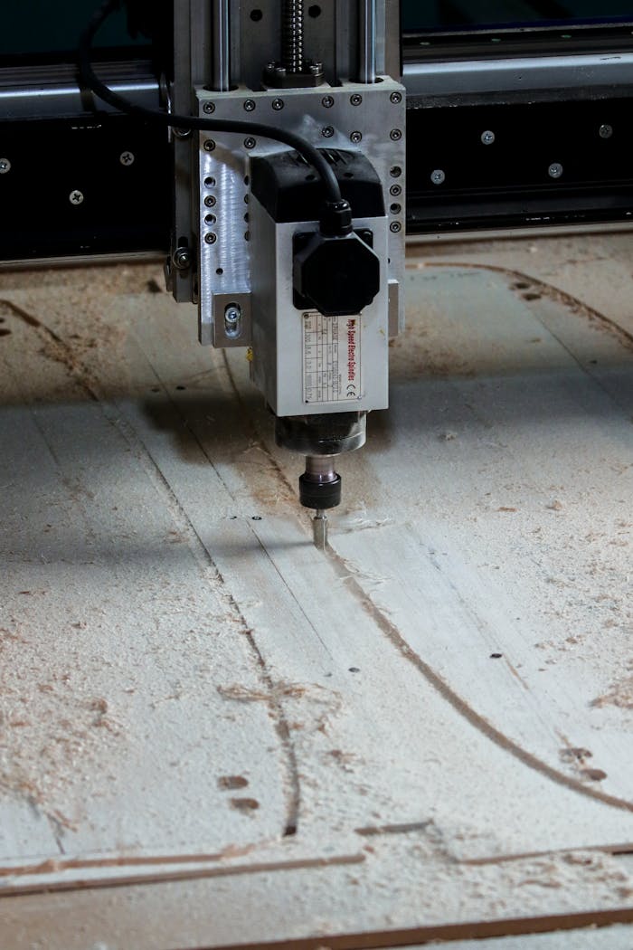 Close-up of a CNC machine in operation, showcasing precision cutting in a workshop setting.